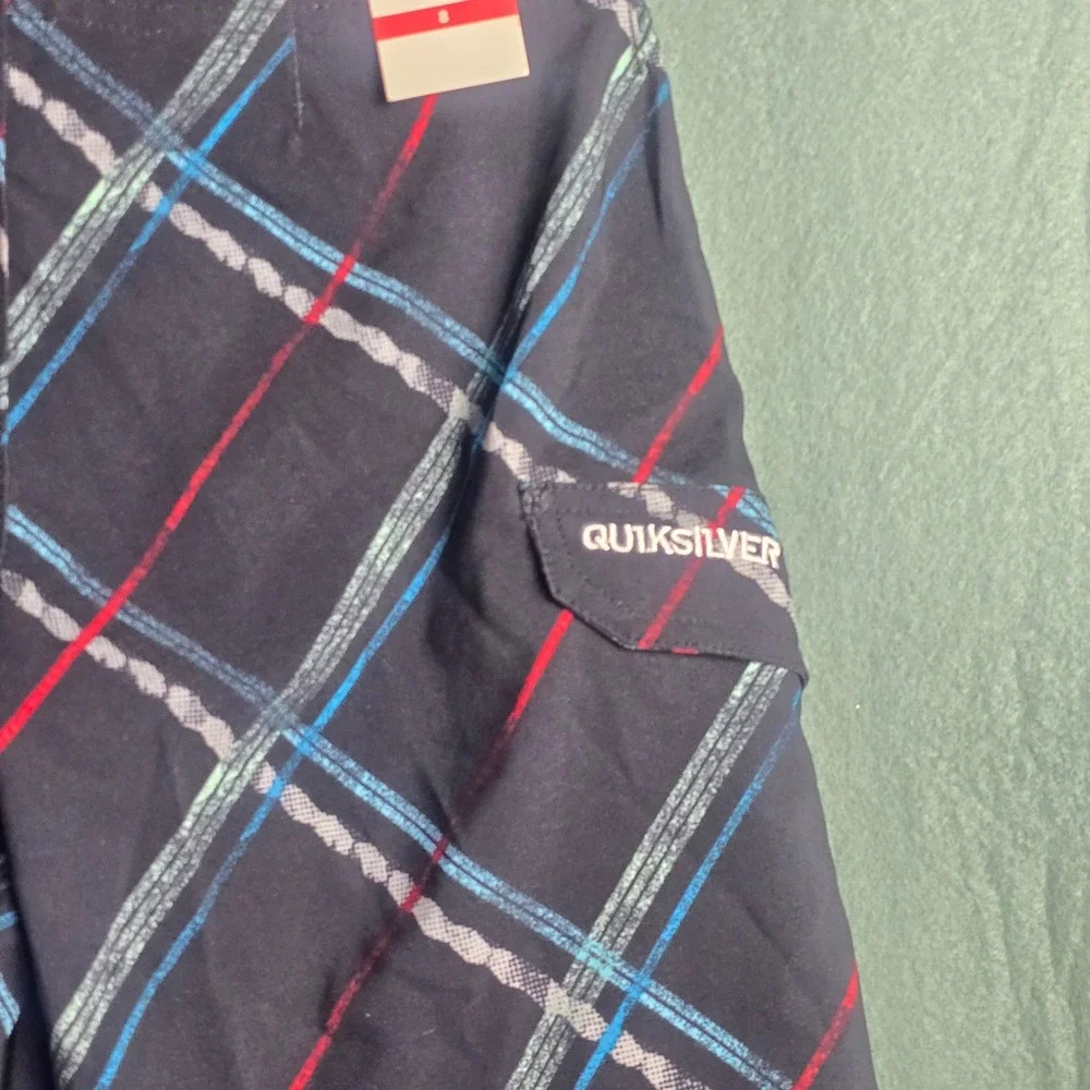 Quiksilver‎ Boys Plaid Board Shorts Size 8 Swim Trunks Black Blue Red 2540565059